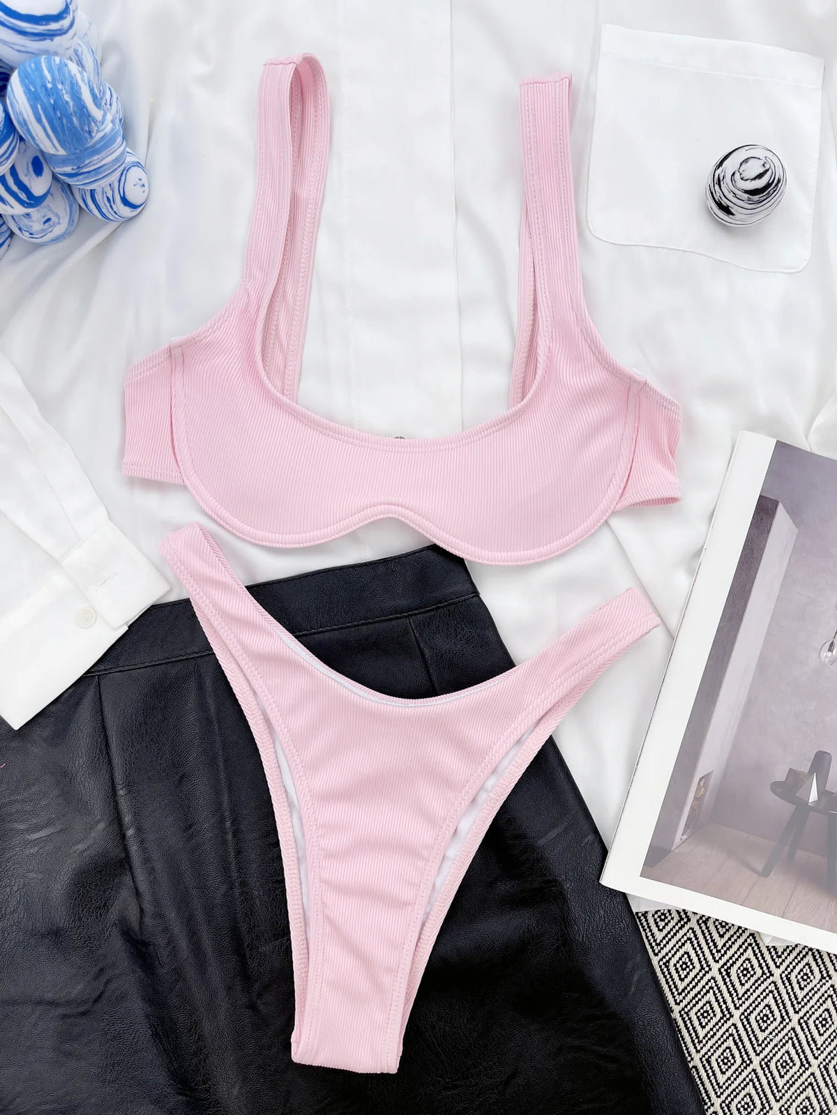 DEKA Brazilian Underwire Bikini Set Women Solid Triangle Neon Pink Swimwear Bandage Backless Swimsuit Beachwear Biquini