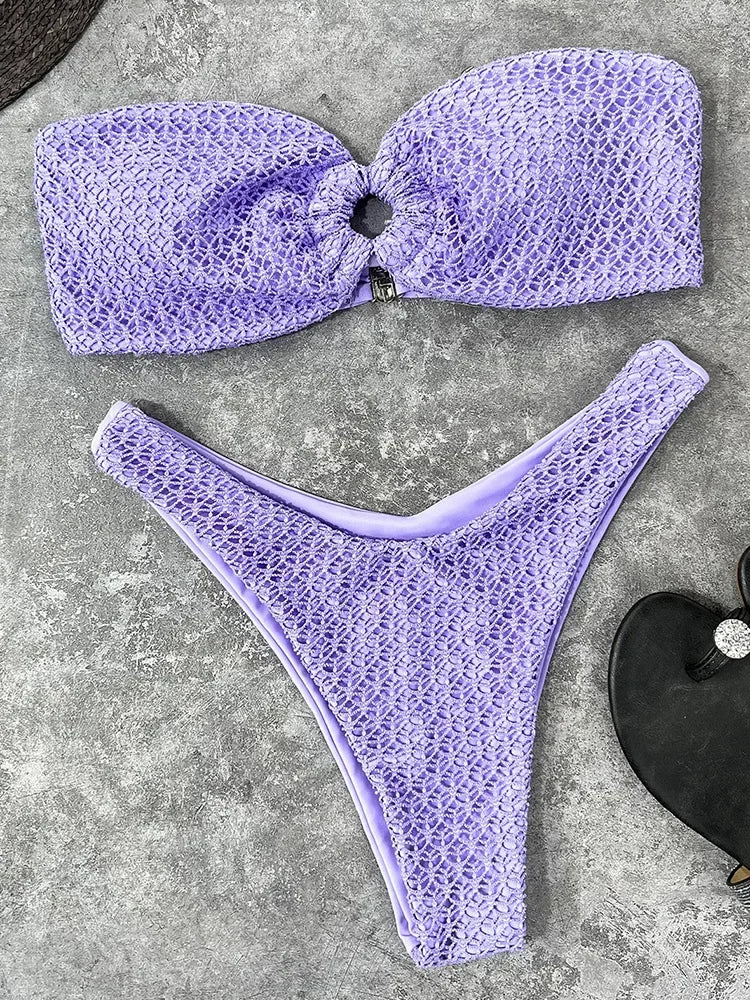 Wrinkled Fishnet Strapless Bandeau Bikini Women Swimsuit Female Swimwear Two-pieces Bikini set High Cut Bather Bathing Suit Swim