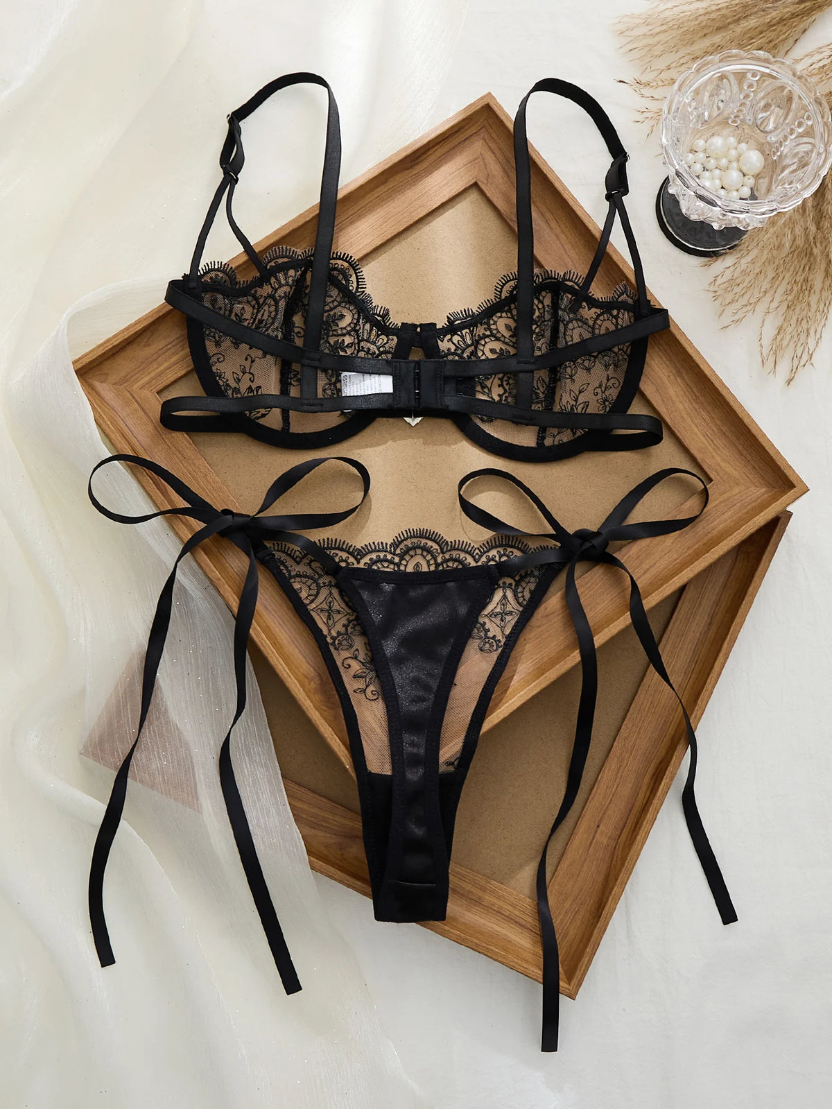 Lady's black strapless lace lingerie set - half cup shaping bra plus thong set - sexy see-through netting lingerie set ZA825201