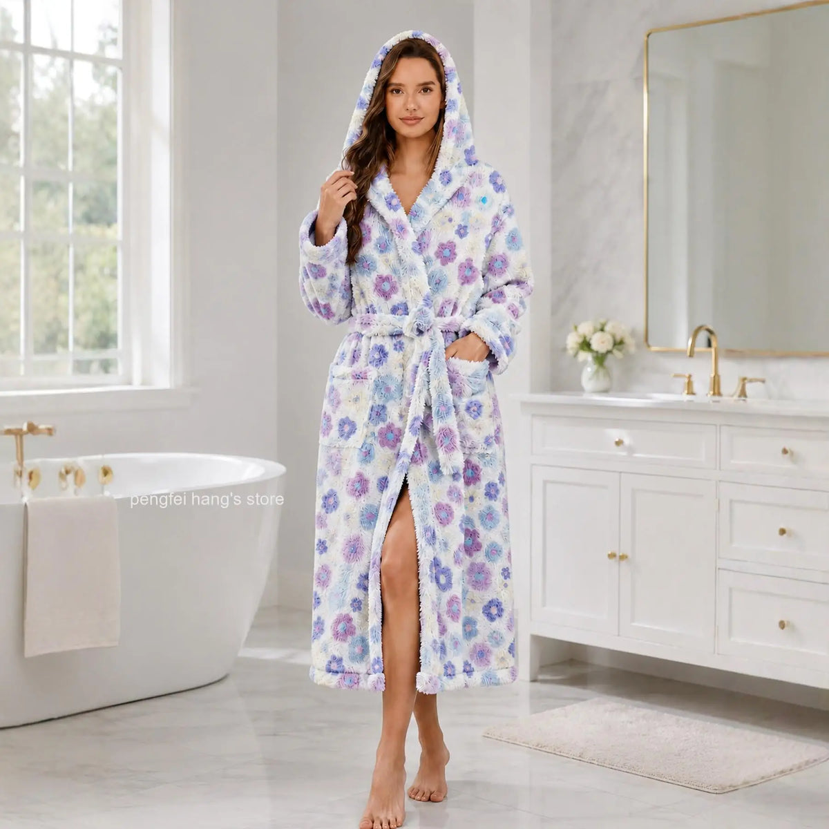 Women Floral Print Coral Fleece Hooded Bathrobe Autumn Winter Thick Warm Long Robe Soft Cozy Casual Home Sleepwear Loungewear