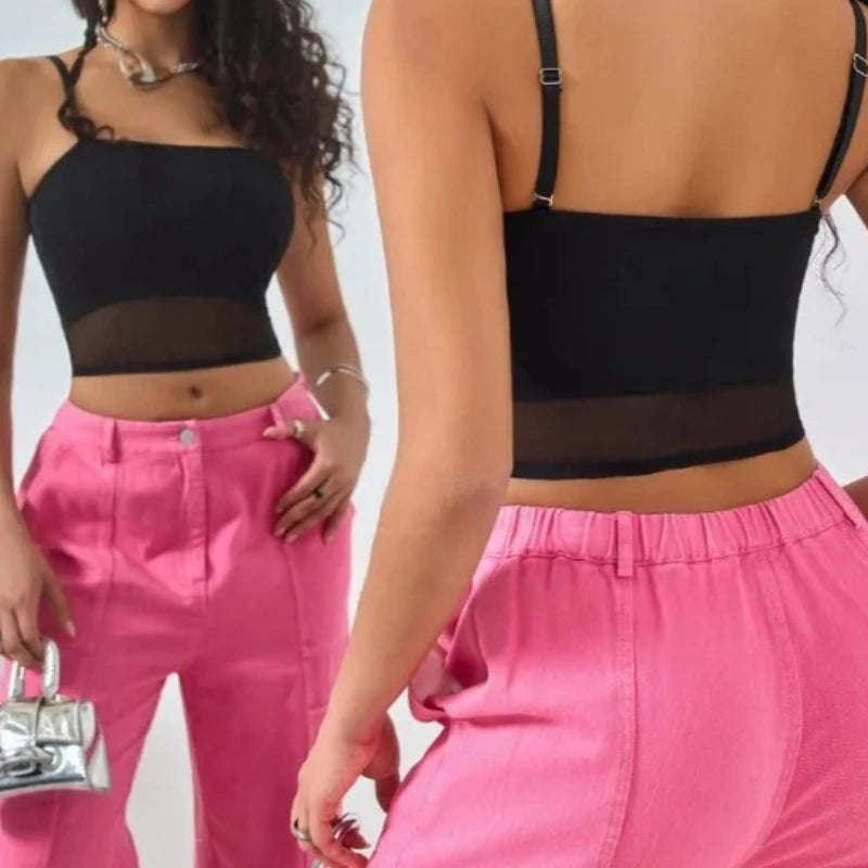 1pcs Mesh Corset Crop Top Women's Patchwork Tube Top Sexy Sleeveless Off Shoulder Cami Summer Streetwear Slim Camisole Tank Tops