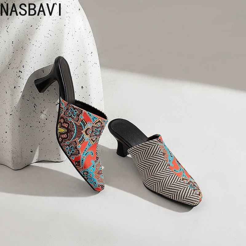 NASBAVI New Breathable Hollow Slippers Stone Pattern Leather Pumps Women Chunky Heels Mules Black Dress Shoes Big Size 45 46 47
