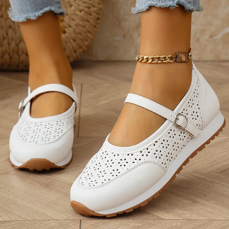 White Hollow Out Platform Sneakers Women 2025 Plus Size 36-43 Breathable Sports Shoes Woman Comfort Non Slip Walking Flats Mujer