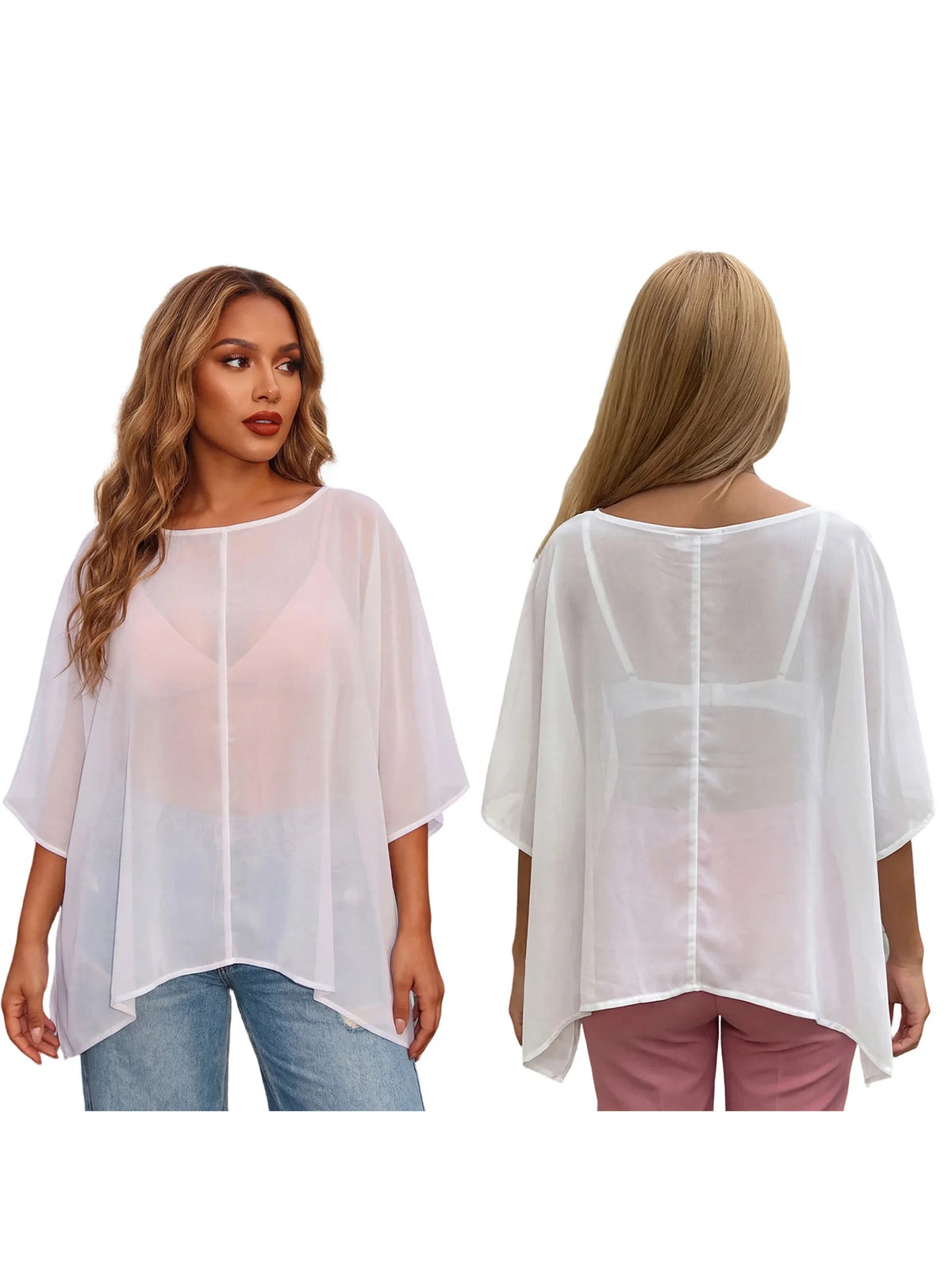 Women Summer Holiday Beach Sheer T-shirts Short Sleeve Tops Oblique Neck Solid Color See-through Irregular Party Clubwear