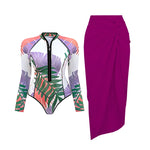 Black And Printed Long Sleeve Swimsuit With Cover Up Sexy Swimwear Women Surf Swim Suit Slimming Bathingsuit Bodysuit Beachwear