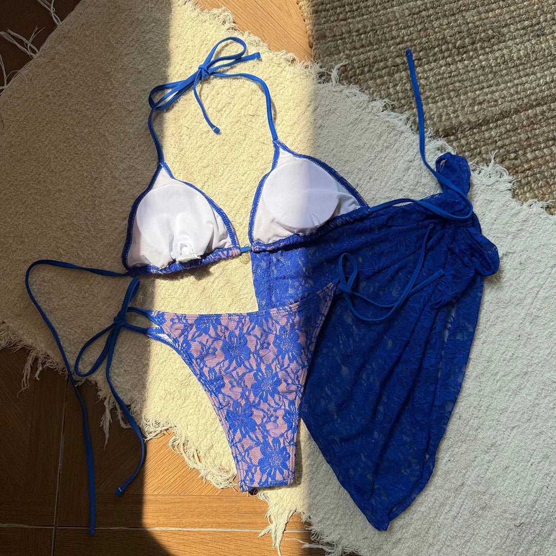 Mesh Sarong Lace Halter High Cut Bikini Female Swimsuit Women Swimwear Three-Pieces Bikini Set Bather Bathing Suit Swim V6284