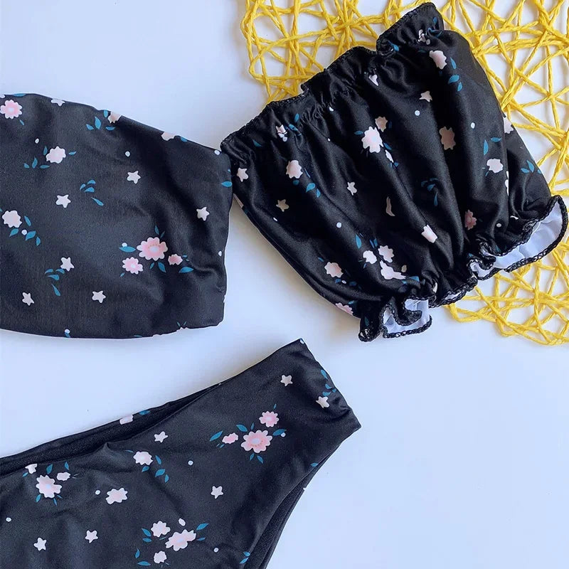 Floral Print Off Shoulder Bikini 2025 High Cut Swimsuit Women Female Brazilian Swimwear Two pieces Bikini set Bathing Suit Swim