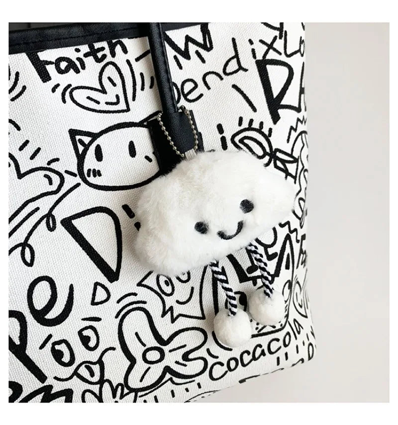 Large Capacity Printed Tote Bag, Fashion and Versatile Casual Single Shoulder Handbag with Pendant, College Style Women's Bags