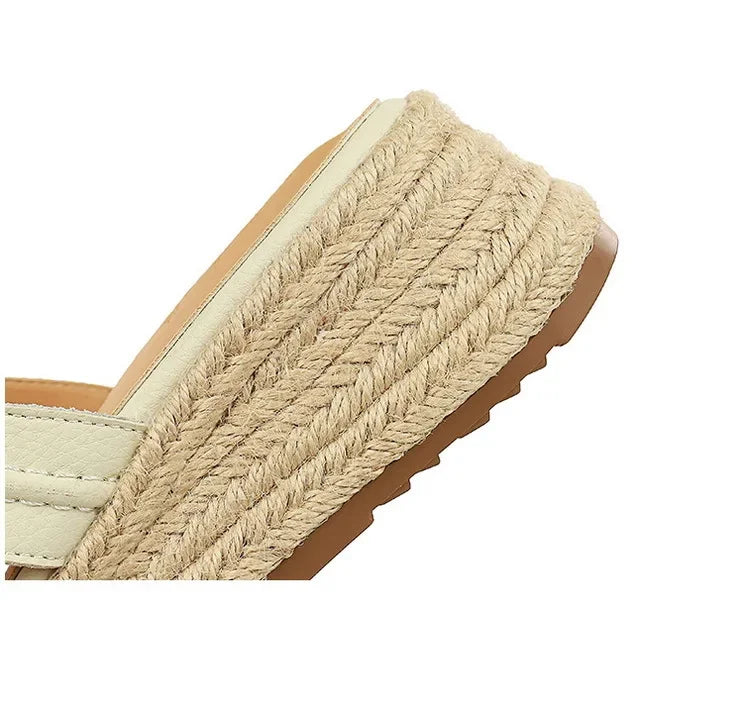 Spring 2025 Women's Slippers Hollow Out Strap Waterproof Thick Heel Woven Rope Country Style Slip-On Shoes Polyurethane Material