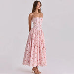 FDYOUI 2026 Summer Floral Print Spaghetti Strap Dress for Woman Elegant Sleeveless High Waist Long Party Evening Dresses Pink