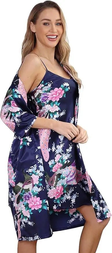 Women's Floral Satin Kimono Robe and Nightgown Set with Camisole 2 Piece Sleepwear Peacock Bathrobe