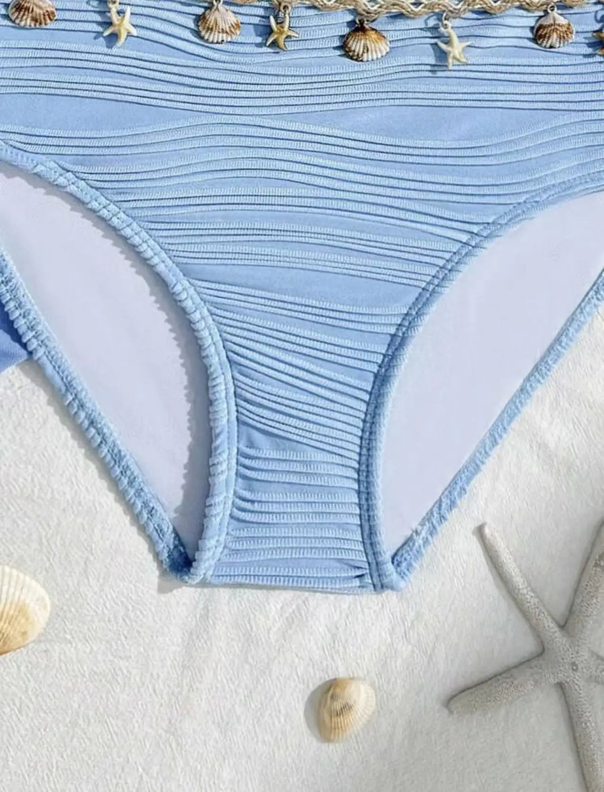 New Shell Starfish 3 Pieces Bandeau Bikini Set Swimsuit Women Blue Swimwear with Sarong Skirts Swim Dress Beachwear Bathing Suit