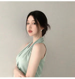 Women Blouses Slim Fit V-neck Lace Up Open Stitch Versatile Sleeveless Top For Female Chiffon Tops Summer Fashion PPAY