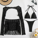 2025 European and American New Solid Color Special Mesh Four-piece Beach Swimsuit Sexy Bikini Burkini Muslim Swimwear