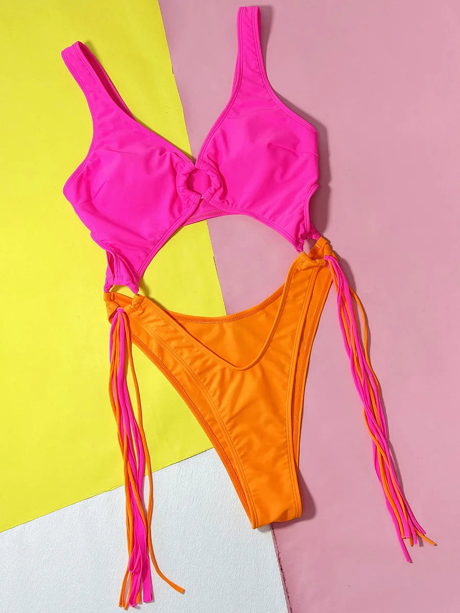 Sexy Splicing Tummy Cut Out Female Swimwear One Piece Swimsuit Women Tassel Monokini Bather String Bathing Suit Swim Bodysuit