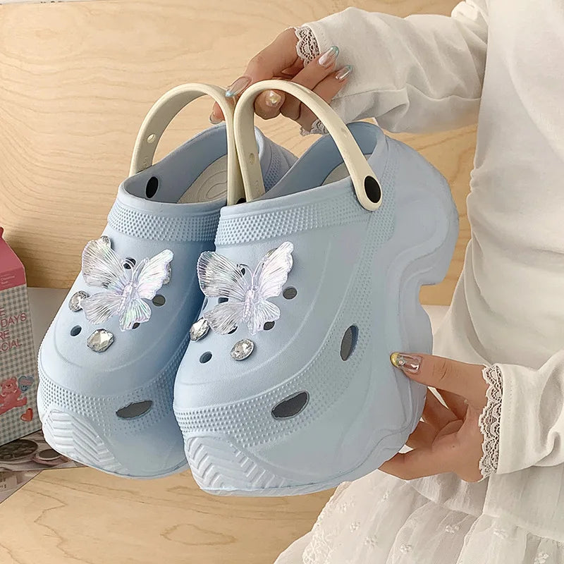 Cute DIY Butterfly Fashion Clogs For Women Summer Platform Shoes Soft EVA 2 Way Wear Sandals For Female Indoor Street Slippers