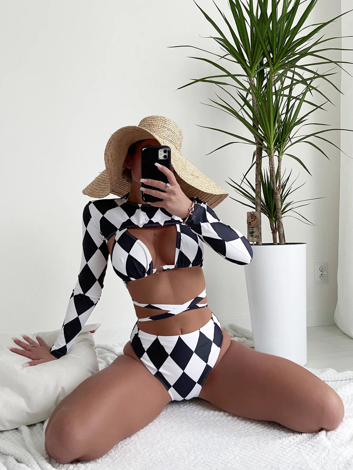 DEKA High Waisted Plaid Bikini Set for Women Lattice Print Camisole Swimwear Bathing Suit, Sexy Separate Bandeau Split Swimsuit