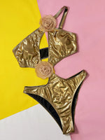 DEKA One Shoulder Swimsuit Woman PU Gold Swimwear One Piece Sexy High Cut Monokini Push Up Bathing Suits Beachwear