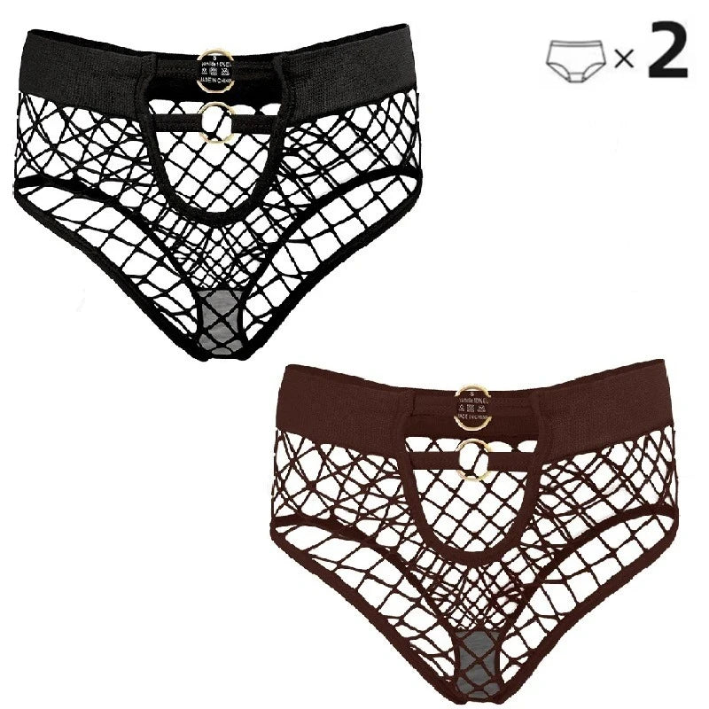 2pcs Sexy Women's Panties BriefsElasticity Underwear Mid Waist Fishnet Lingerie Ladies Hollow Out Transparent Underpants
