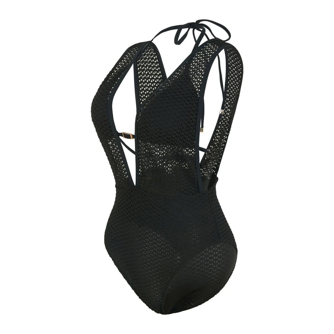 S - XL Deep V Neck Knit Fish Net Mesh Women Swimwear One Piece Swimsuit Female Monokini Backless Bather Bathing Suit Swim V7832