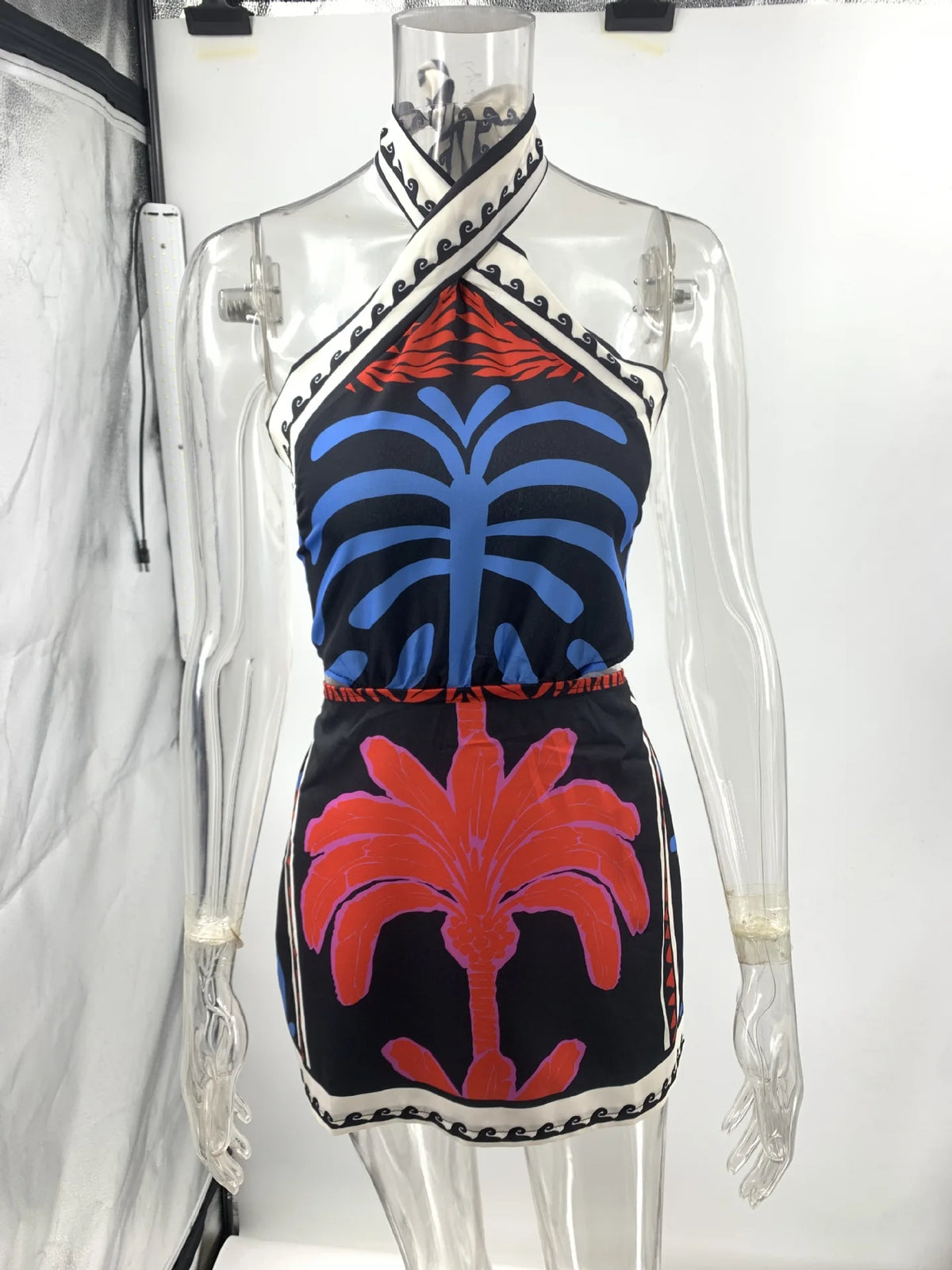 Bohemian Print Halter Neck Mini Dresses Women Sexy Backless Leace-up Beach Vacation Dress Fashion Beachwear Vestidos Summer New