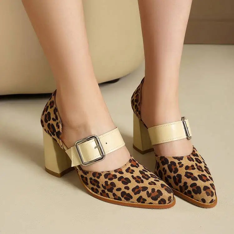 SpringAutumn New Model Fashion High Heels Nude Shoes Color Blocking Pointed Tip Buckle Leopard Print Sexy Party Women's Shoes