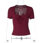 FDYOUI Women's Fashion Lace Patchwork T-shirt Streetwear Ladies Sexy Short Sleeve Bandage Tops Tees Y2K Slim Corset T Shirts
