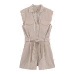Women's Belted Striped Shorts Jumpsuit Women Striped Sleeveless Button Down Belted Pocket Detail Casual Jumpsuit For Summer 9X2T