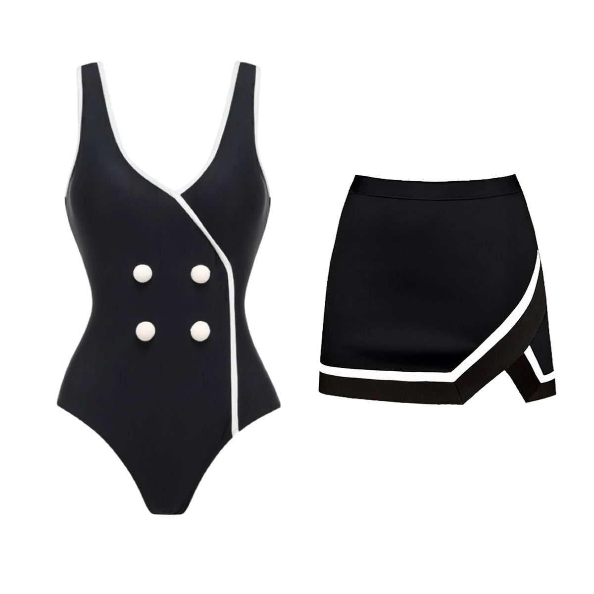 New 2Pcs Black Hollow Swimsuit Women Sexy Swimwear With Midi Skirt Push Up Bikini Female Biquini Bathingsuit Bodysuit Beachwear