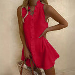 2025 Summer Sexy Casual Mini Dress Women Fashion Elegant Vacation Solid Color Ruffle Sleeveless Vestidos V-neck Loose Dresses