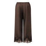 Women's Satin Lace Hem Capris Elastic Waist Loose Fit Wide Leg Pants Solid Color Lounge Street Casual Cropped Pants Summer