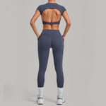 Women's Seamless Yoga Sets Sports Running High Waist Hip-lifting Pants Backless Short-sleeve Suits Workout Fitness Leggings Sets