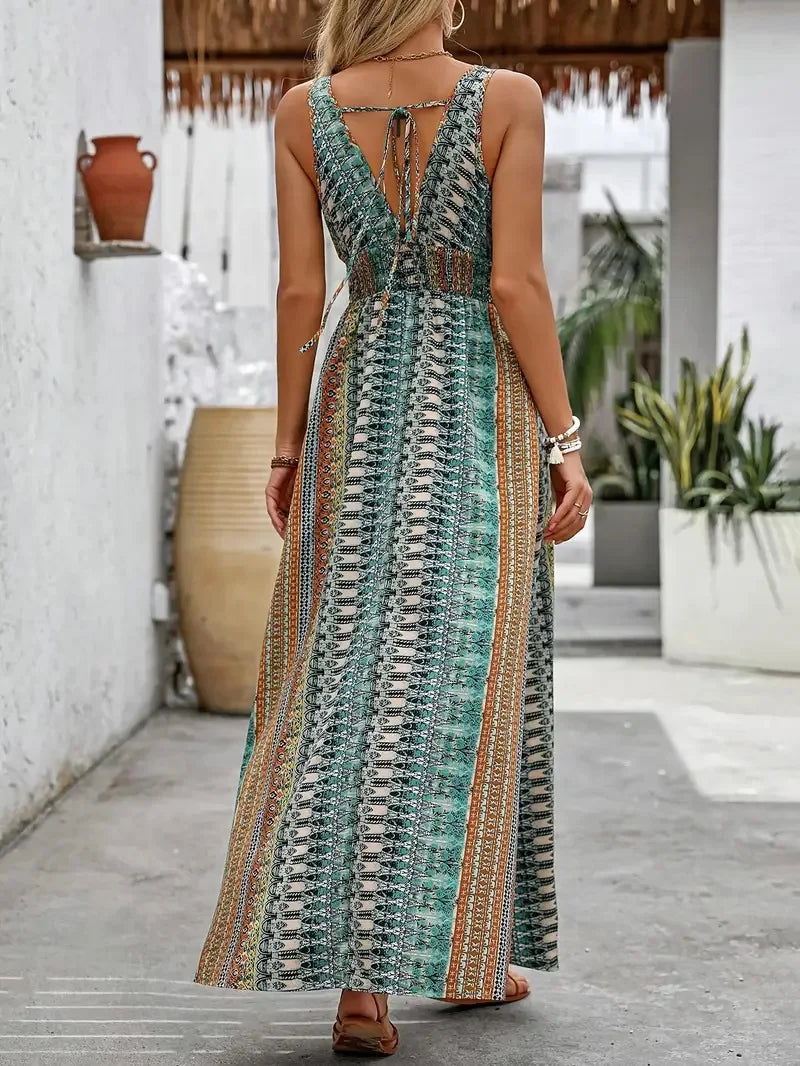 Bohemian Style Print Sleeveless Long Dresses Women Summer V-neck Backless Leace-up Slit Dress Casual Lady Vacation Vestidos