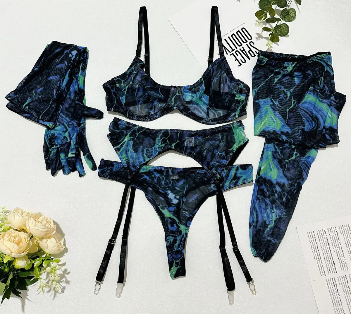 Toucheart Erotic Lingerie Leopard Print 5-piece Set with Gloves and Stockings Tie-dye Printed Sexy Hot Lingerie Suit for Women