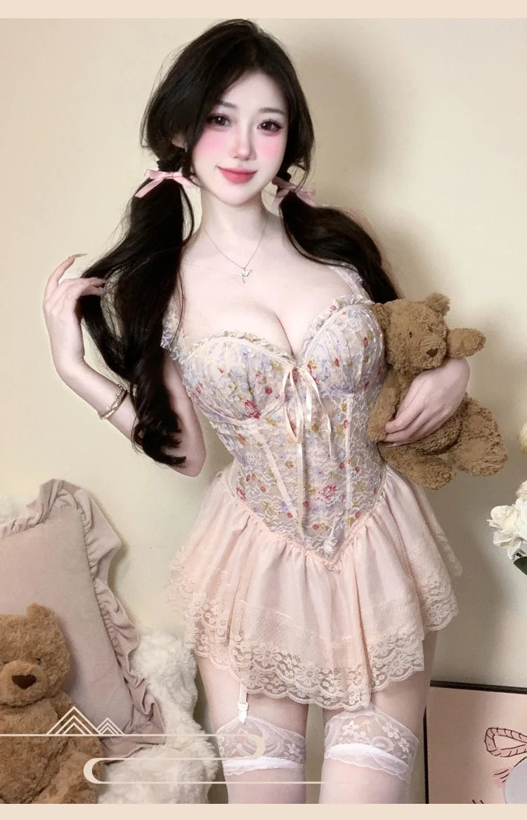 Sexy French Style Light Luxury Sexy With Chest Pads Pure Desire Floral Print Dress Backless Deep V Sleeveless Dress Elegant MO9K