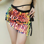 Womens Iridescent Sequin Mini Skirt Tie Waist Asymmetrical Hem Bodycon Skirt Shiny Sparkle Bottoms For Beach Cover Up Party Rave