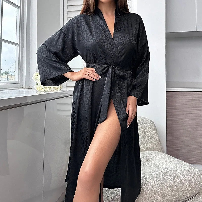 New Printed Women's Long Sleeve Nightgown Elegant And Comfortable Sexy Ice Silk Home Pajamas Simple Fashion Bathrobe Nightrobe