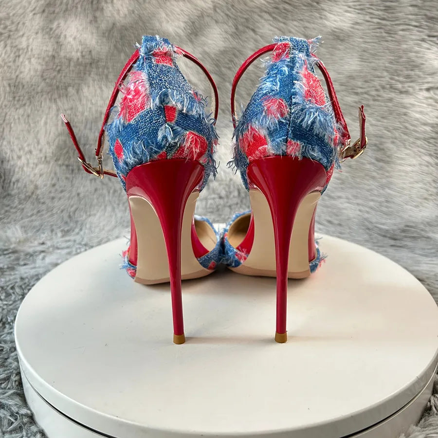 New Denim Fashion Denim color blockingSandals High Gladiator Heels Ladies Office ShoesPlus Big Size45-46 12cm slim heel