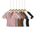 Spring Korean Slim Fit Deep V Neck Tie-Up Clean Face Crop Top Short Sleeve Pullover T-Shirt Base Shirt Solid Color Fashion RM7O