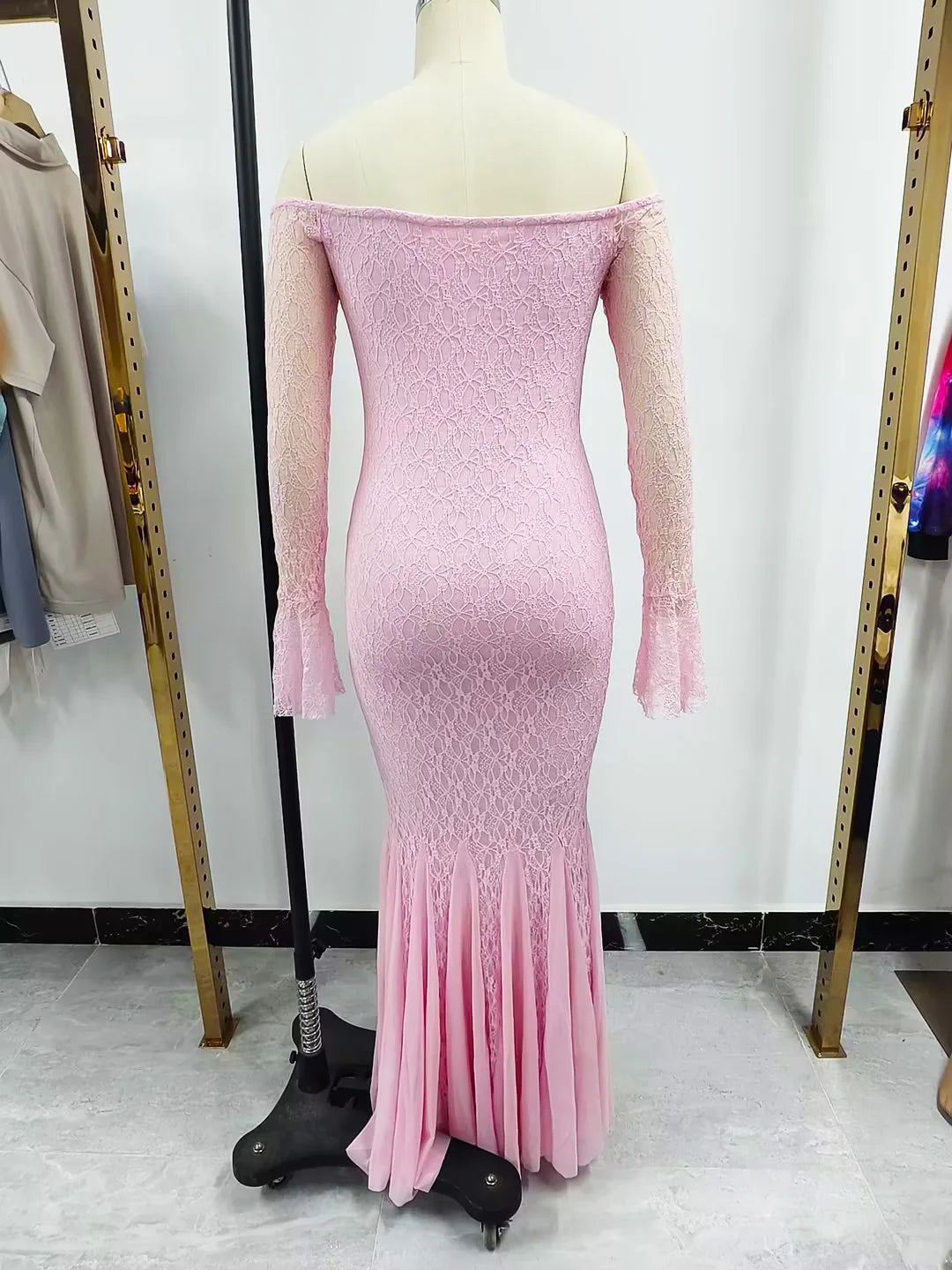 Elegant French Style Pink Long Dress Women Lace Long Sleeved Dress Evening Gown Party Wedding Dress up Lady Spring Summer Outfit