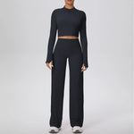2 Pcs Women's Seamless Yoga Set Long-sleeved Wide-leg Pants Tracksuit Fitness Sports Set High-waisted Hip-lifting Slim-fit Suit