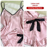 Summer Pajamas Set Women's Smooth Satin V-Neck Ruffled Edges Tops and Bow Shorts Pajama Sling Home Clothing