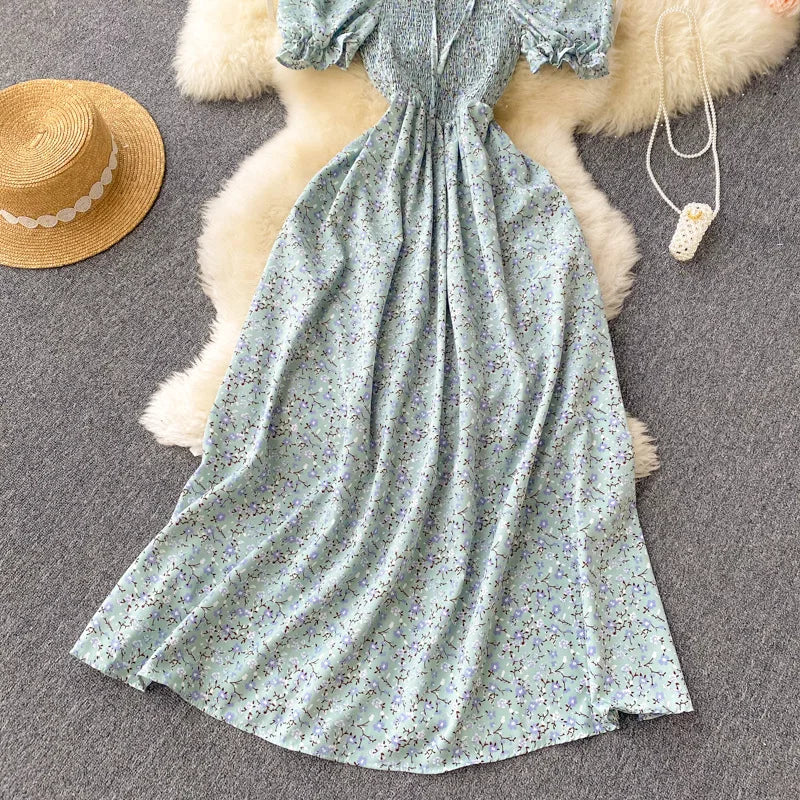 2025 Summer French Vintage Floral Dress Fashion Elegant High-Waisted Drawstring Vestidos Printed Fresh And Sweet Long Dresses