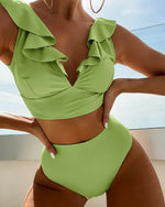 Solid Color Sexy V-neck Ruffle Bikini 2026 Women 2 Piece Swimwear Push Up Padded High Waist Swimsuit Summer Beach Bathing Suit