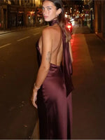 Elegant Solid Color Satin Halter Lace Up Long Dress Sexy Off Shoulder Backless Sleeveless Bodycon Dresses New Lady Party Robe