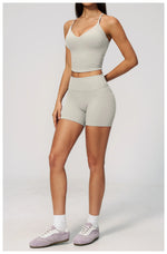 New Yoga Sets Women V Neck Back Criss Cross Sports Tank Top High Waist Butt Lift Shorts Fitness Suit Gym Running Workout Clothes