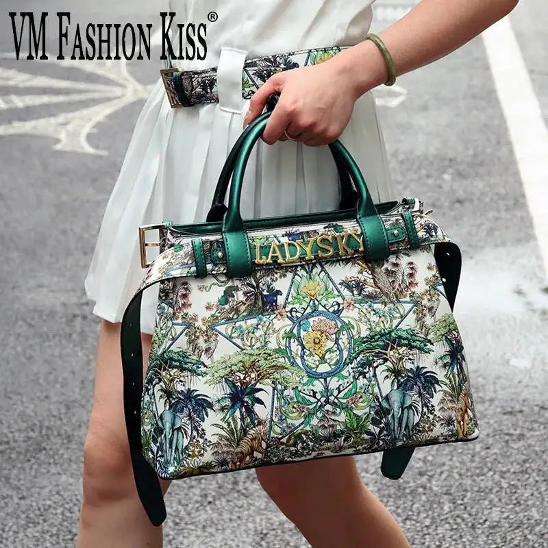 Jungle Pattern Women's Handbags Large Capacity Crossbody Bag Belt Lettering Decoration Shoulder Bag 2024 Designer Luxury Bag