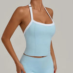 Women's Seamless Yoga Tank Top - Adjustable HALTER Neck & Quick-Dry Fitness Shirt Color Block Running Sports Gym Workout Top