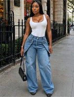 European and American style casual jeans street fashion staggered button design straight leg