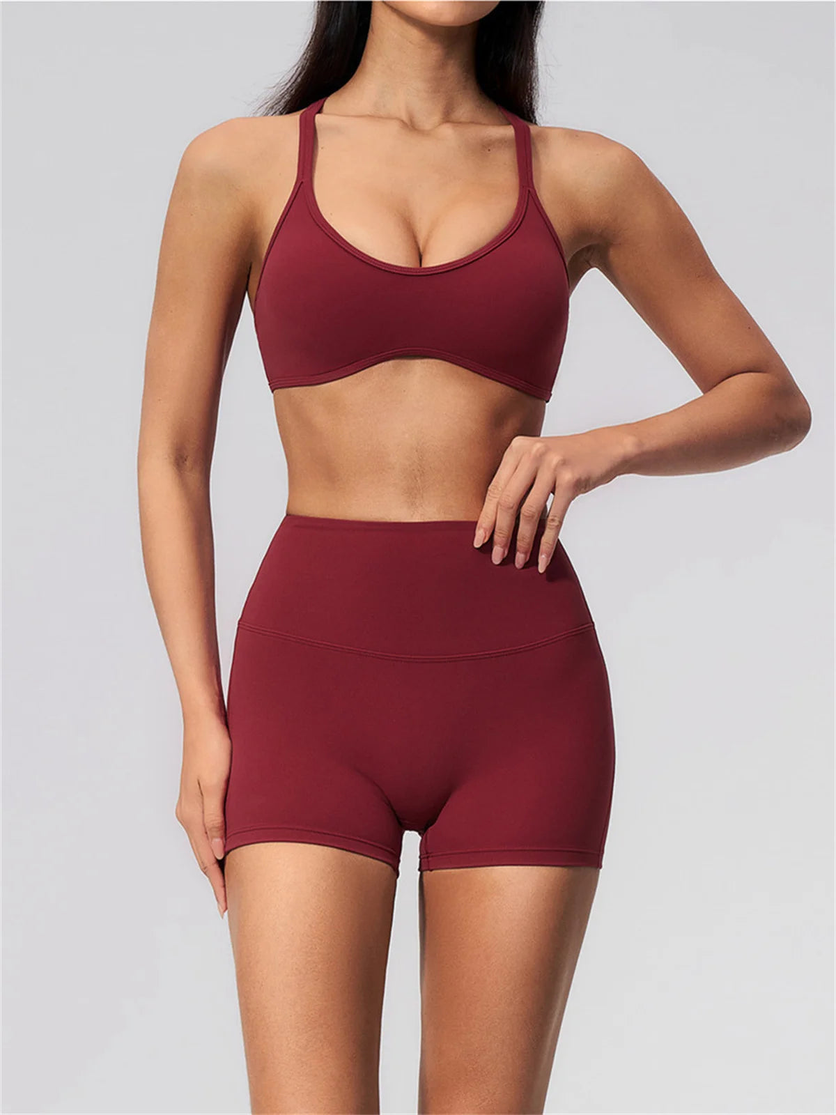2 Piece Summer Yoga Sets for Women Hollow Back Cross Sports Bra Fitness Clothes Tight High Waist Shorts Running Workout Clothes